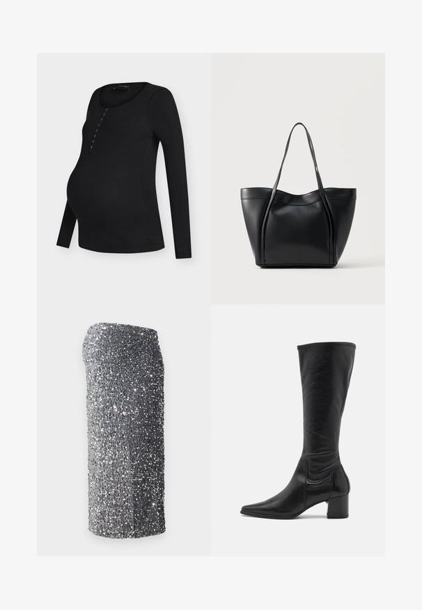 Haut de maternité noir à manches longues côtelé, col rond et détails à boutonner sur le devant, ourlet légèrement arrondi.; Robe à sequins argentés avec une coupe ajustée, texture lisse et un motif dégradé du gris foncé au gris clair, courte à l'ourlet.; Botte en cuir noire arrivant au genou avec un bout pointu, des détails de couture minimum et un talon carré épais. Texture lisse avec un fini brillant.; Sac cabas en cuir noir avec deux longues anses et un bord supérieur légèrement incurvé, présenté sur un fond clair uni.