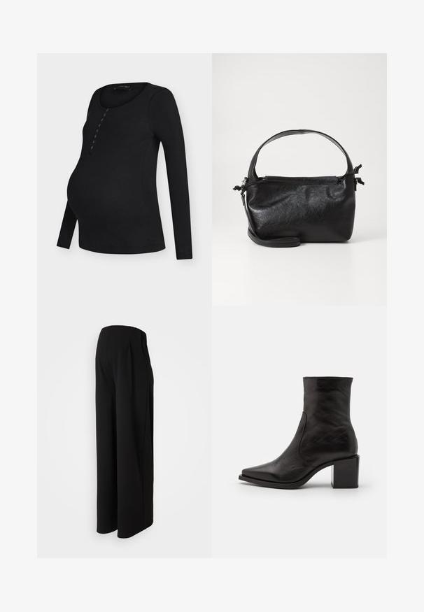 Čierne tehotenské tričko s dlhými rukávmi z rebrového materiálu, okrúhlym výstrihom a zapínaním na gombíky vpredu, mierne zaoblený lem.; Vero Moda Maternity Wide-leg Wide Leg Fit - Nohavice - black; Čierna kožená členková obuv so štvorcovou špičkou a blokovým podpätkom. Dizajn sa vyznačuje hladkou textúrou a minimálnymi švovými detailmi.; Čierna kožená kabelka so štruktúrovaným dizajnom, okrúhlym horným uchom a odnímateľným ramenným popruhom. Má hladkú textúru a jemný lesk.