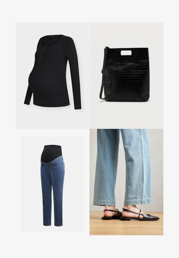 Sort langærmet ribbet graviditetstop med rund halsudskæring og knappedetalje foran, let buet kant.; Graviditetsjeans med ben i blå denim og en sort strækbare abdominalpanel designet til at støtte og dække en voksende mave.; Sorte læder slingback-sko med spidse tæer, flad hæl og ankelrem; båret med lyseblå viddebenede jeans.; Sort faux læder tote taske med krokodilletekstur, rektangulær form, håndtagsskæring i toppen og en aftagelig skulderstrop. Brandlogoet er vist.