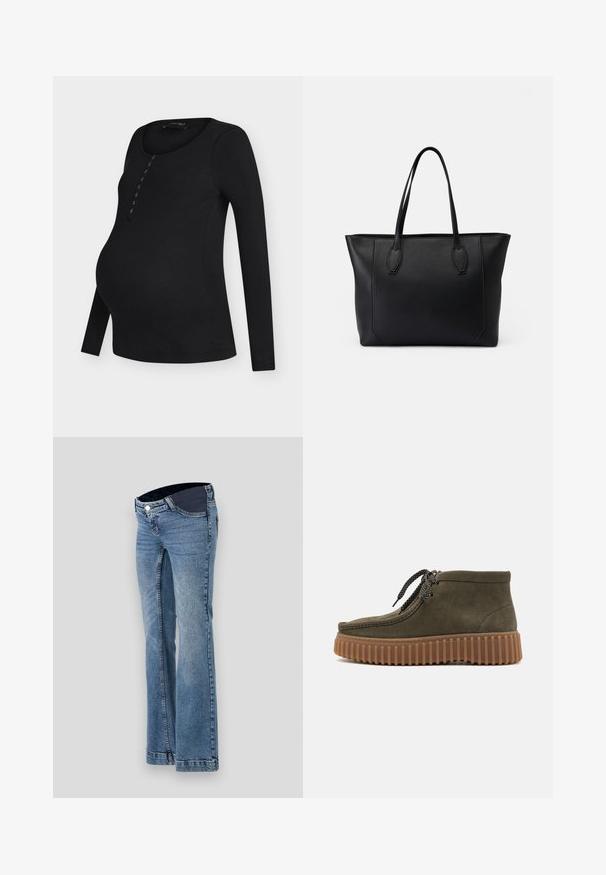 Top premamá negro de manga larga acanalado con escote redondo y detalle de botones en el frente, dobladillo ligeramente curvado.; Jeans de mezclilla azul claro con un diseño de pierna acampanada, que presentan una cinturilla oscura y un estilo de cinco bolsillos, terminados con detalles de costura visibles.; Botas de tobillo de cuero verde con acabado texturizado, que presentan un diseño de cordones y una suela marrón acanalada. Los acentos incluyen cordones en dos tonos.; Bolso tote de cuero negro con dos asas resistentes, que presenta una textura suave, forma rectangular y detalles de costura sutiles a lo largo de los bordes.