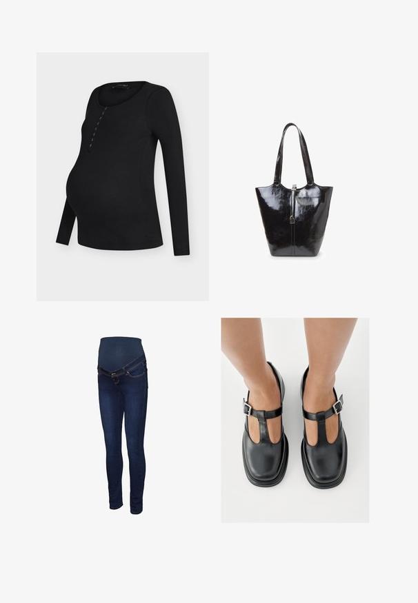 Sort langærmet ribbet graviditetstop med rund halsudskæring og knappedetalje foran, let buet kant.; Mørkeblå graviditetsjeans med et strækbart panel ved taljen, slank pasform og klassisk fem-lomme design med kontrastsyninger.; Sorte lædersko med T-rem-design, lukket tå og sølvfarvede spændeaccenter. Glat tekstur med rundet tå og flad sål.; Bata Shopping bags - nero