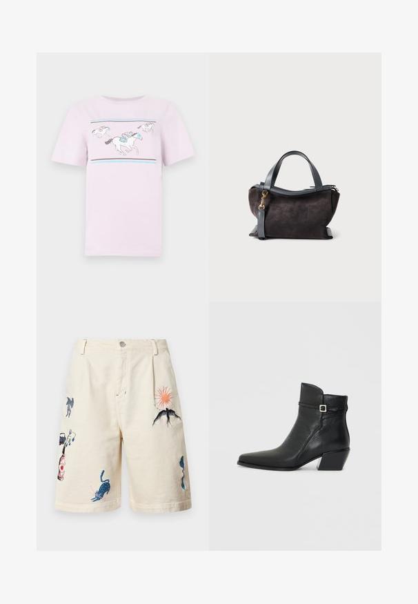 T-shirt en coton rose clair avec un motif graphique de chevaux et cavaliers avec des accents bleus et gris. Manches courtes et col rond.; Shorts en coton beige avec des motifs brodés colorés, comprenant un soleil, des oiseaux et divers animaux. Ceinture structurée avec un bouton à l'avant.; Bottines en cuir noir avec un bout pointu, un petit talon carré et une sangle décorative avec une boucle en argent. Texture lisse.; Sac en daim foncé à structure arrondie, poignées en cuir et détails en métal doré. Comprend une bandoulière amovible pour un port polyvalent.