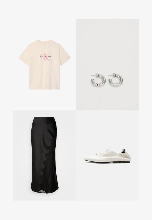 Camiseta beige de manga corta con un logo "cK" rosa y el texto "Calvin Klein" impreso en azul marino en el pecho.; Falda de satén negro con un acabado texturizado, dobladillo de encaje en un lado y una silueta recta. Incluye una abertura lateral discreta y cierre.; Zapato minimalista blanco de piel tipo slip-on con tacón remangado, cierre con cordones y suela negra fina sobre fondo liso.; Pendientes de aro en tono plata con un diseño liso y redondeado, y un pequeño acento de franjas rojas, blancas y azules. Sujetador de presión seguro.