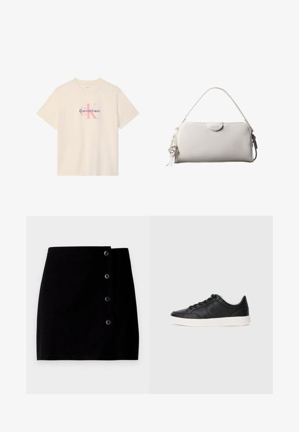 Beige lyhythihainen T-paita, jossa on rintakehällä vaaleanpunainen "cK"-logo ja tummansininen "Calvin Klein"-teksti.; Mustahdin pieni hame, joka on valmistettu puuvillasta. Siinä on sivussa nappikiinnitys, jossa on neljä mustaa nappia, ja suora siluetti. Hamen pinta on sileä.; Musta matala nahkakengät mustilla nauhoilla, valkoisella pohjalla ja huomaamattomalla kohopainetulla logolla sivulla, kuvattu ulkopuolelta.; Valkoinen suorakaiteen muotoinen Calvin Kleinin käsilaukku, jossa on yksittäinen kahva, minimalistinen muotoilu ja koristeelliset tupsut, joissa on geometrinen metalliriipus sivulla.