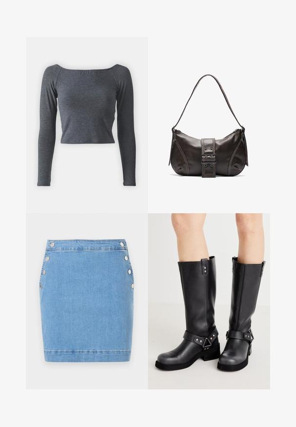 Grauer, langärmeliger, kurzer Oberteil aus weichem Stoff mit quadratischem Ausschnitt und figurnaher Passform. Keine sichtbaren Muster oder Verzierungen.; Hellblauer Jeans-Minirock mit silbernen Druckknöpfen entlang beider Seiten und abgestepptem Saum am unteren Rand.; Schwarze Lederstiefel bis zum Knie mit weiter Schaftweite, Riemenverzierungen, silbernen Beschlägen und flacher Sohle. Glatte Textur mit leichtem Glanz.; Braune Lederumhängetasche mit gebogener Form, die mit einem auffälligen Schnallendetail, kontrastierenden Nähten und einem einzigen Schulterriemen ausgestattet ist.
