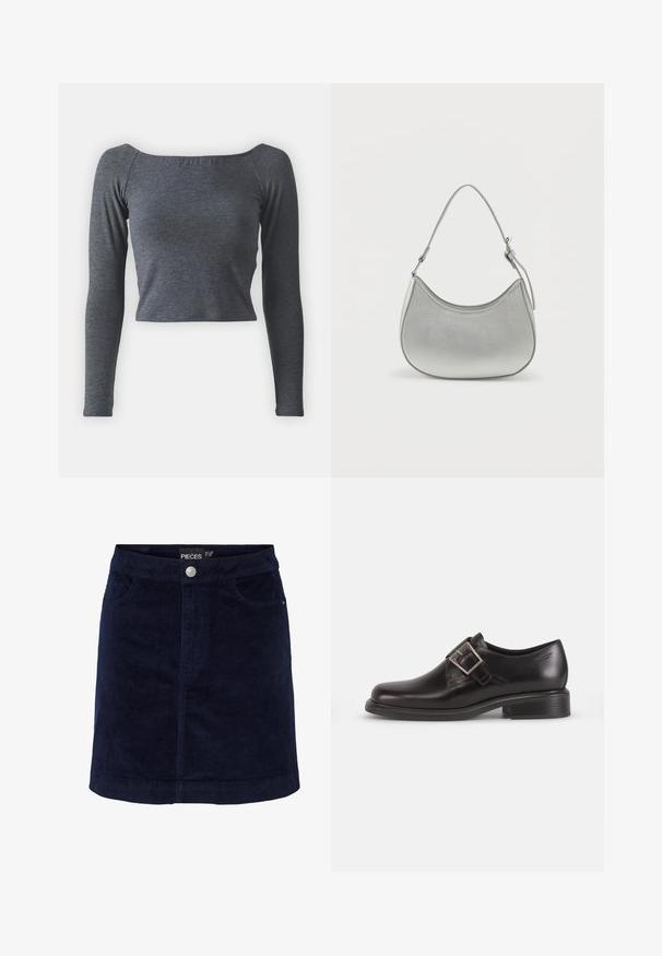 Grå, langærmet, cropped top lavet af blødt stof med firkantet halsudskæring og tætsiddende design. Ingen synlige mønstre eller udsmykninger.; Marineblå fløjl mini nederdel med en let A-form, der har knaplukning foran og to forlommer. Glat tekstur med synlige ribber.; Sorte læder herresko med rund tå, detaljer med sidelukning, og en struktureret sål, sat mod en simpel hvid baggrund.; Sølv faux læder håndtaske med en buet form, kort justerbar strop og glat overflade, præget af minimal syning.