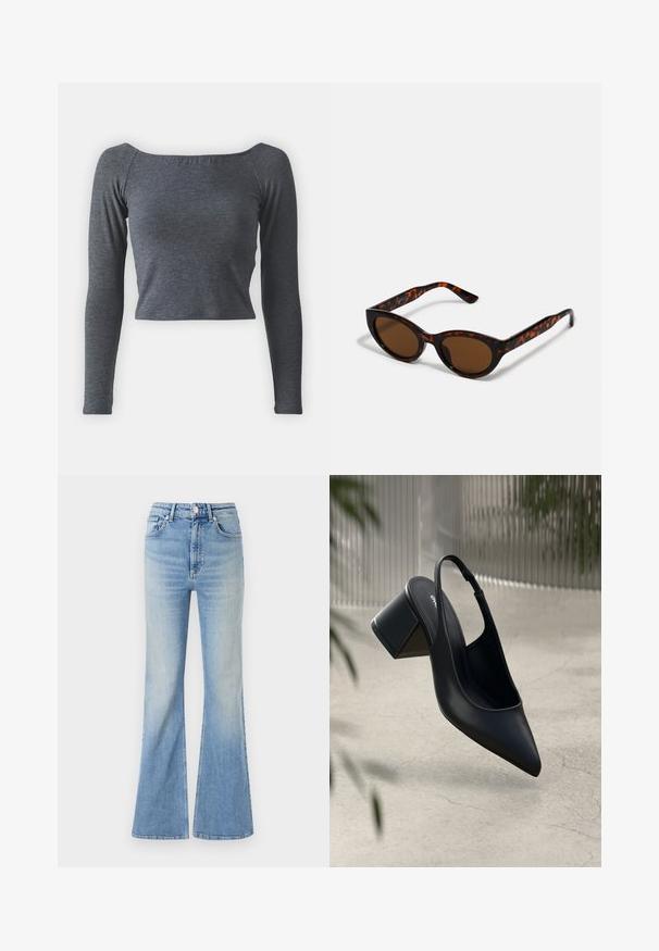 Top gris de manga larga y cropped, hecho de una tela suave con escote cuadrado y un diseño ajustado. Sin patrones ni adornos visibles.; Jeans acampanados de color azul claro, hechos de mezclilla, con una cintura alta, diseño de cinco bolsillos y un ligero degradado que va hacia el dobladillo.; Zapato de tacón slingback de cuero negro con punta afilada y tacón cuadrado. Textura suave, diseño minimalista y correa ajustable en el tobillo.; Gafas de sol de carey marrón con una forma vintage de ojo de gato y lentes marrones. Presentan brazos curvados con acentos rojos.