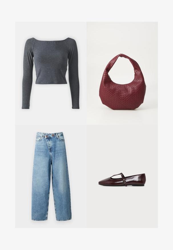 Top gris de manga larga y cropped, hecho de una tela suave con escote cuadrado y un diseño ajustado. Sin patrones ni adornos visibles.; ONLY ONLECHO WIDE UNEAVEN - Pernera ancha - medium blue denim; Zapato plano de cuero burdeos oscuro con punta puntiaguda y una fina tira en forma de T con hebilla plateada sobre un fondo blanco.; Bolso de mano burdeos tejido con una silueta redondeada, un solo asa y un acabado texturizado. Cierre con cremallera en la parte superior.