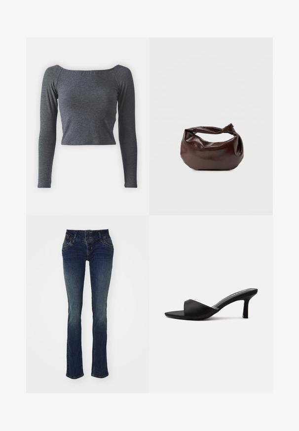 Top gris de manga larga y cropped, hecho de una tela suave con escote cuadrado y un diseño ajustado. Sin patrones ni adornos visibles.; Jeans azul oscuro de corte ajustado, con una cinturilla de doble botón, cinco bolsillos y una textura ligeramente desvanecida en los muslos.; Zapato mule negro de punta abierta con tacón delgado de altura media y una amplia correa en la parte delantera, mostrado de lado sobre un fondo liso.; Bolso de hombro de cuero marrón oscuro con una forma suave y caída, y un asa con nudo torcido sobre un fondo blanco liso.