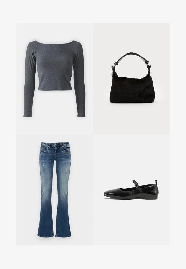 Grå, langærmet, cropped top lavet af blødt stof med firkantet halsudskæring og tætsiddende design. Ingen synlige mønstre eller udsmykninger.; Denim jeans med flair i mellemblå med udskudte områder og slidte detaljer. Har fem lommer og lynlås med knaplukning.; Sorte patentlæder flade sko med spidse tæer, en ankelrem med spænde og en glat, blank tekstur. Lav hæl for komfort.; Sort faux fur håndtaske med en blød tekstur, rund form og en robust skulderrem i sort læder. Synlige sølvhardware-detaljer.