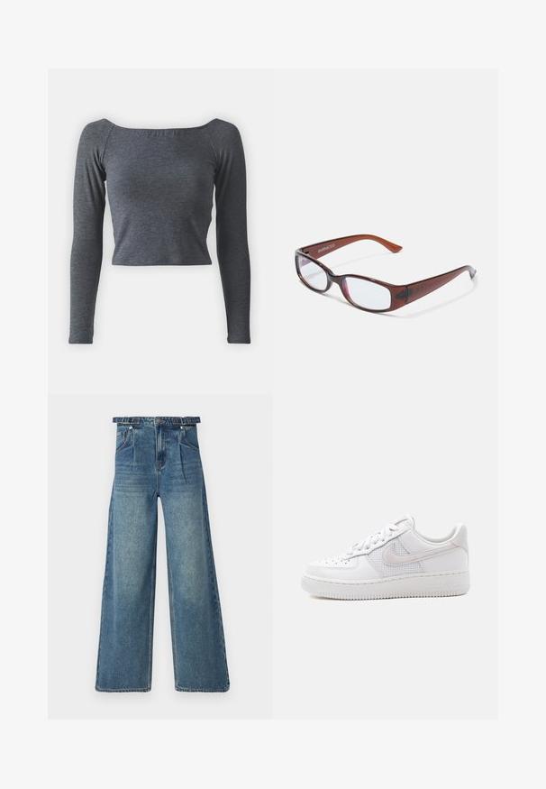 Grå, langærmet, cropped top lavet af blødt stof med firkantet halsudskæring og tætsiddende design. Ingen synlige mønstre eller udsmykninger.; Bredde ben denim jeans i lys blå. Har høj talje, bæltestropper, plisseret front og klassisk fem-lomme design. Slidt tekstur.; Hvid Nike Air Force 1 sneaker med lavt snit, hvide snørebånd, perforeringer på tåboksen og netpanel bag Nike swoosh-logoet.; Brune-farvede rektangulære briller med en glat overflade, der har slanke arme og gennemsigtige linser. Logoet er synligt på venstre temple.