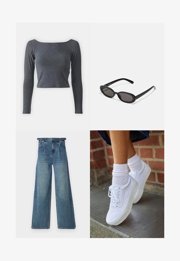 Grå, langærmet, cropped top lavet af blødt stof med firkantet halsudskæring og tætsiddende design. Ingen synlige mønstre eller udsmykninger.; Bredde ben denim jeans i lys blå. Har høj talje, bæltestropper, plisseret front og klassisk fem-lomme design. Slidt tekstur.; Hvide lærreds sneakers med gummisåler, der har seks snørehuller, rund tå og let sømdetaljer, krydret med hvide ankelstrømper.; Even&Odd Solbriller - black