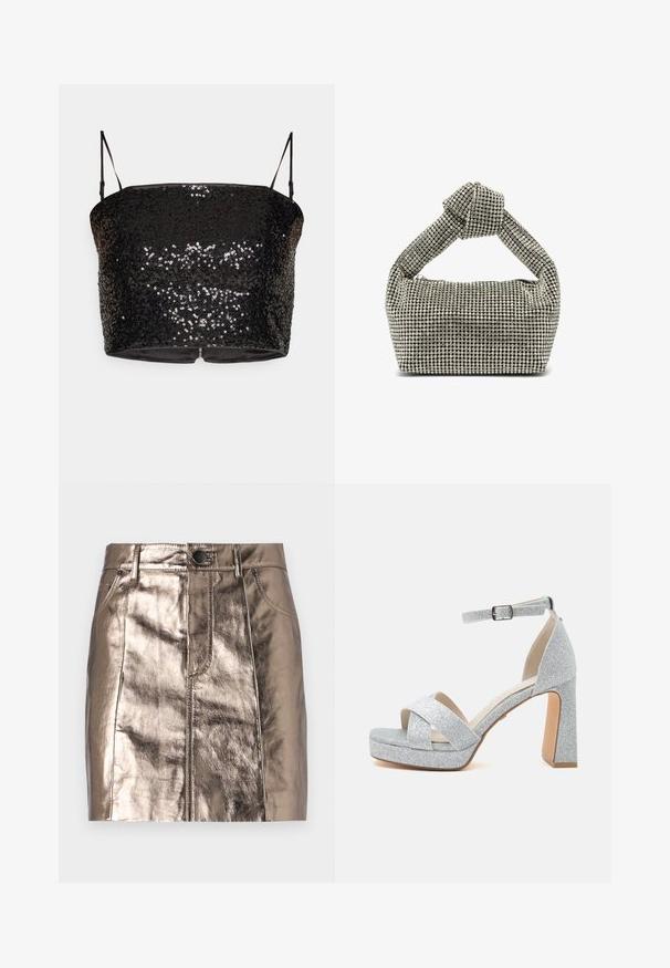 Top court noir à sequins avec de fines bretelles réglables, présentant un design ajusté et une fermeture éclair à l'arrière. Doublure intérieure lisse.; Mini jupe en denim bronze métallisé avec une coupe droite, poches avant et une taille avec fermeture à bouton. Texture lisse et brillante.; Sandale plateforme pailletée argentée avec talon haut épais, brides croisées sur les orteils et bride de cheville réglable avec boucle.; Sac à main argenté orné d'une poignée supérieure nouée, de forme rectangulaire, recouvert de petits strass ronds, texture lisse.