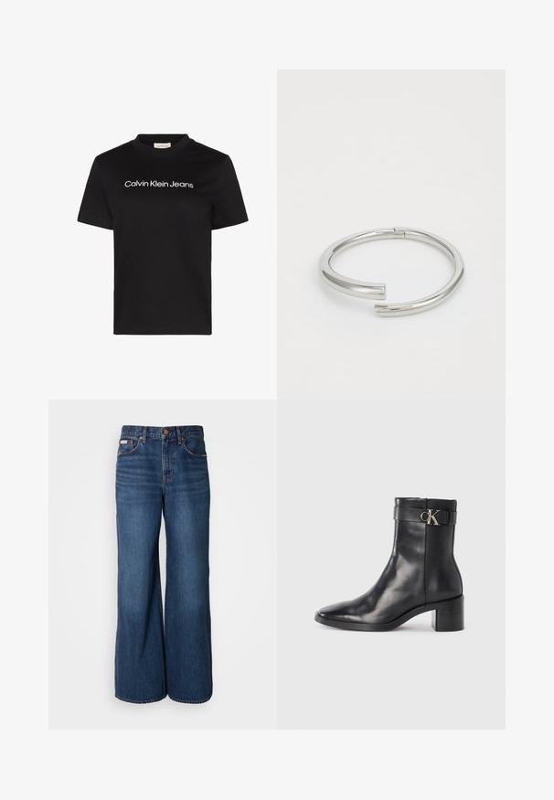 T-shirt noir à manches courtes avec texte blanc "Calvin Klein Jeans" centré sur la poitrine et col rond.; Jean large en denim bleu foncé. Les caractéristiques incluent une taille haute, cinq poches et des coutures contrastantes orange le long des coutures.; Botte de cheville en cuir noir avec un bout pointu, un talon carré et une sangle avec un détail de logo métallique. Texture lisse et design minimaliste.; Calvin Klein SPIRAL - Bracelet - silver-coloured