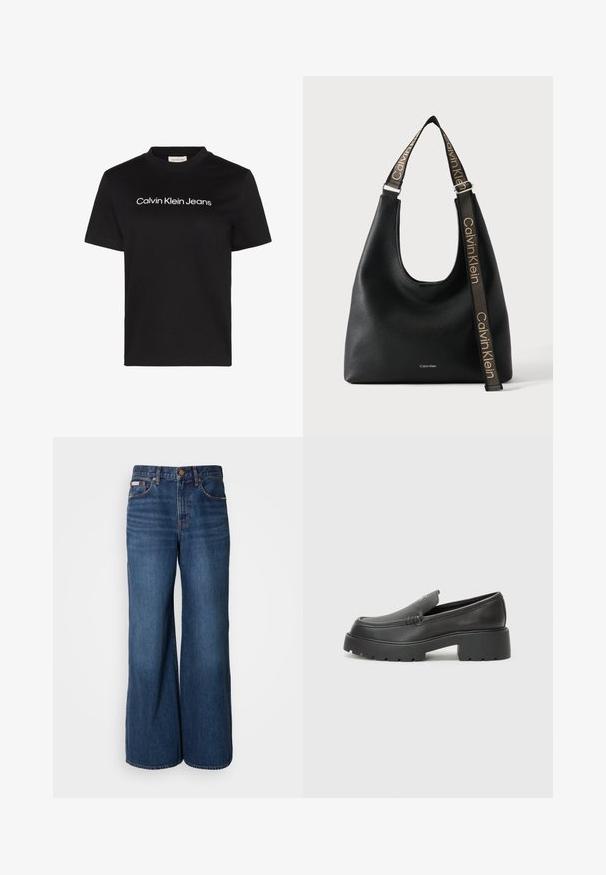 Sort T-shirt med korte ærmer med hvid "Calvin Klein Jeans" tekst centreret på brystet og rund halsudskæring.; Bredde jeans lavet af mørkeblåt denim. Funktioner inkluderer en høj talje, fem lommer og kontrasterende orange syninger langs sømmene.; Sorte læder loafers med rund tå, tyk tekstureret sål og minimale syninger. Elegant design uden synlige snørebånd eller hardware.; Sort Calvin Klein skuldertaske i læder med bred justerbar rem med gentaget Calvin Klein-logo i beige.