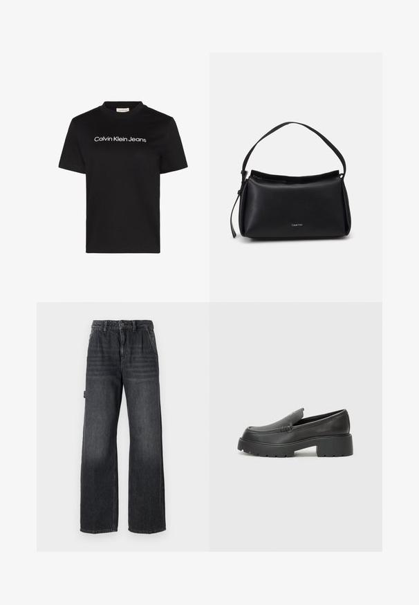 Sort T-shirt med korte ærmer med hvid "Calvin Klein Jeans" tekst centreret på brystet og rund halsudskæring.; Bredde bukser i mørkegrå denim med høj talje, forlommer og diskret slidmærker på lårene. Kontrastsyning.; Sorte læder loafers med rund tå, tyk tekstureret sål og minimale syninger. Elegant design uden synlige snørebånd eller hardware.; Sorte læderhåndtaske med en buet form, en enkelt skulderrem og lynlås lukning øverst. Har et diskret logo på fronten til branding.