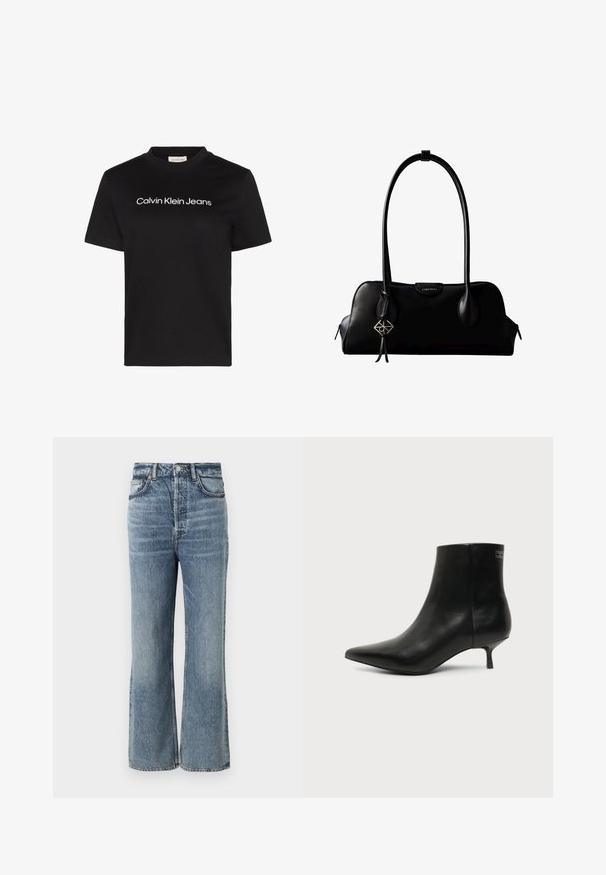 Čierne tričko s krátkym rukávom s bielym textom "Calvin Klein Jeans" umiestneným na strede hrudníka a okrúhlym výstrihom.; Svetlomodré džíny s vysokým pásom a širokým nohaviciam, dokončené jemným vyblednutím, dizajnom s piatimi vreckami a kovovými gombíkmi.; Čierna kožená členková šnúrovacia obuv s ostrou špičkou a nízkym kitten podpätkom na svetlom pozadí, pohľad z vonkajšej strany.; Čierna kožená kabelka Calvin Klein s dlhými rúčkami, prednou značkou s logom a strieborným geometrickým príveskom visiaci na jednej rúčke.