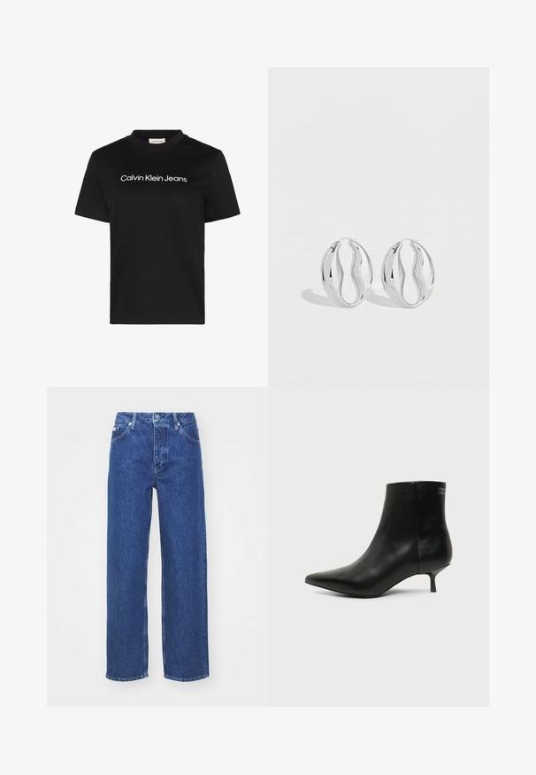 Čierne tričko s krátkym rukávom s bielym textom "Calvin Klein Jeans" umiestneným na strede hrudníka a okrúhlym výstrihom.; Modré denimové nohavice so širokými nohavicami a vysokým pásom, so zipsom a zapínaním na gombík, pútkami na opasok a jemným vyblednutím látky.; Čierna kožená členková šnúrovacia obuv s ostrou špičkou a nízkym kitten podpätkom na svetlom pozadí, pohľad z vonkajšej strany.; Pár lesklých strieborných kruhových náušníc so skrúteným, vlnitým dizajnom, zobrazených na jednoduchom svetlom pozadí.