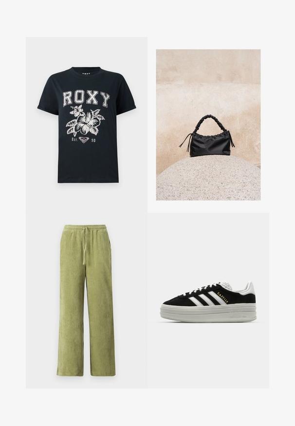 Camiseta de algodón negra con el texto "ROXY" en blanco, con un diseño floral y un símbolo de corazón. Mangas cortas y un corte relajado.; Pantalones de pana verde con un diseño de pierna ancha, cinturilla elástica y detalle de cordón. Las líneas verticales en la tela crean textura.; Zapatillas negras de ante con detalles en cuero blanco, tres rayas blancas, cordones planos y una gruesa suela de plataforma gris. Marca "Gazelle" en dorado.; Bolso negro fruncido con asa recogida, apoyado sobre una esfera de piedra texturizada frente a una pared de hormigón beige.