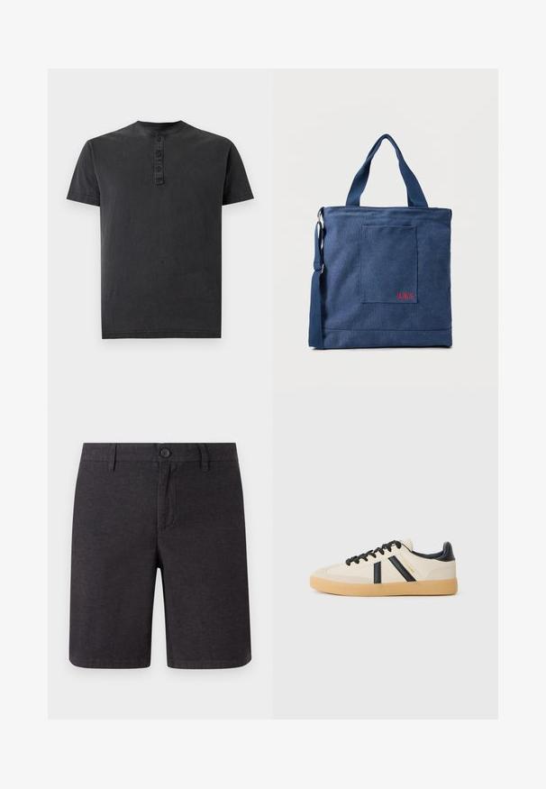 T-shirt henley noir à manches courtes avec patte de boutonnage à trois boutons et col rond sur fond uni.; Shorts gris foncé en tissu tissé, dotés d'une fermeture à bouton, de passants de ceinture et d'une coupe droite, avec des ourlets nets et des poches latérales.; Baskets décontractées en crème avec des rayures noires, présentant un dessus texturé et une semelle en caoutchouc. Les lacets sont noirs. Logo discret sur le côté.; Sac fourre-tout en toile bleue avec poche frontale et broderie rouge "O.N.S", doté de doubles poignées et d'une bandoulière réglable.