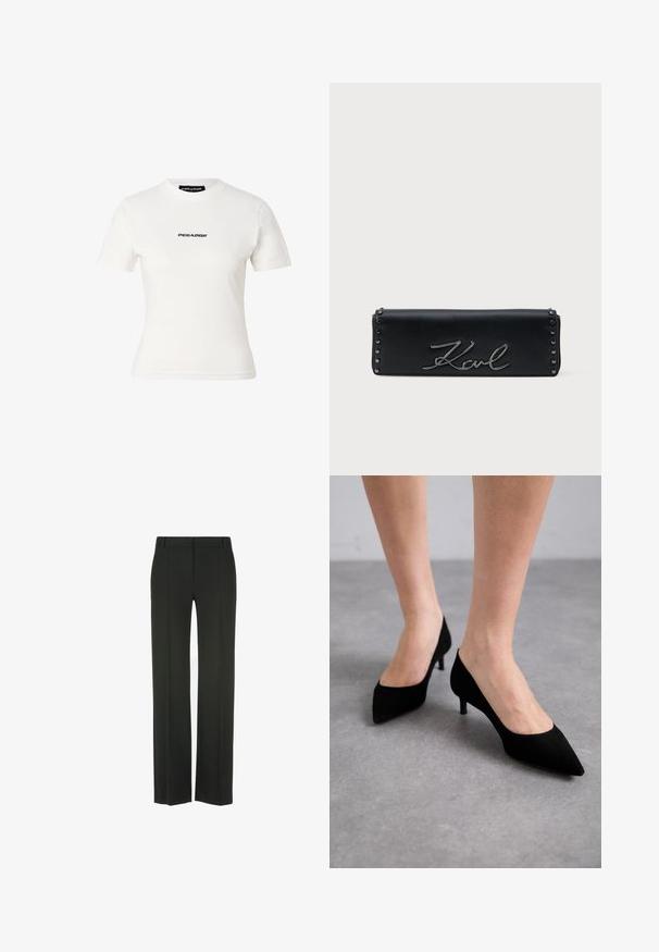 Camiseta blanca ajustada de manga corta con el texto negro "PEGADOR" centrado en el pecho y un cuello redondo.; Pantalones negros de pierna recta hechos de tela lisa, con un frente plano, líneas de pliegue sutiles y sin herrajes ni detalles visibles.; Zapatos de tacón de ante negro con punta afilada y un tacón medio delgado y clásico, presentados sobre pies descalzos contra un fondo gris.; Clutch de cuero negro con un logo en relieve "Karl" en plata, acentuado con tachuelas metálicas a lo largo de los bordes, forma rectangular, textura suave.