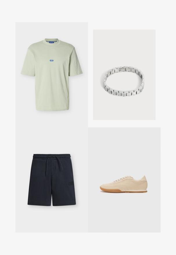 T-shirt vert clair à manches courtes avec col rond côtelé et petit patch logo bleu "HUGO" centré sur la poitrine.; Shorts casual bleu marine foncé avec taille élastique et cordon, longueur mi-cuisse, avec un patch logo discret sur le côté.; Baskets en daim beige au design épuré, présentant une tige texturée, un bout rond et une semelle en caoutchouc avec un motif en zigzag.; Bracelet en métal argenté composé de maillons rectangulaires texturés disposés en boucle continue sur fond blanc.