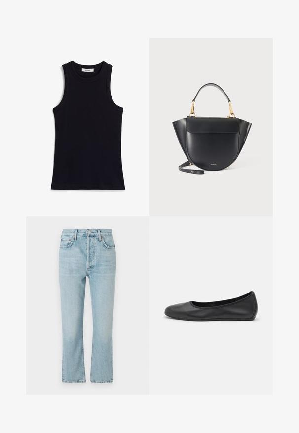 Sort ærmeløs top med ribbet tekstur, rund halsudskæring og regulær pasform. Mærket viser "IVY OAK." Ingen yderligere mønstre eller accenter.; Lysblå denimjeans med lige ben-design, der har fem lommer, knaplukning og en falmet tekstur. Kanterne er pænt syet.; Sort læderballetsko med rund tå, glat tekstur, minimal syning og et fleksibelt såldesign.; Sort læderhåndtaske med afrundet bund, vingede sider, guldfarvet hardware, kort håndtag og aftagelig lang rem på ensartet lys baggrund.