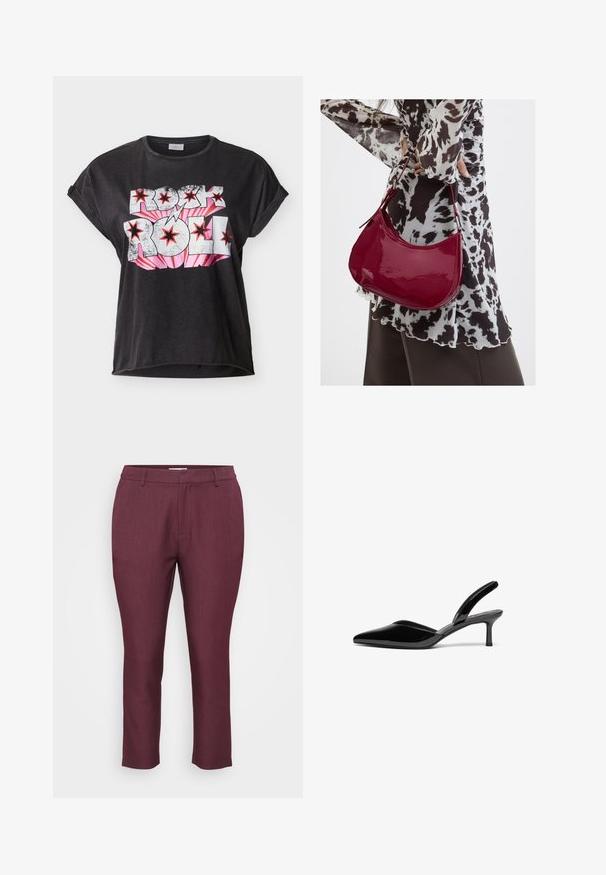 Sort T-shirt med korte ærmer og opsmøgede manchetter med teksten "Rock Roll" i hvid og pink, dekoreret med røde stjerner og et lyn-design.; Marron skræddersyede bukser lavet af tekstureret stof, der har flad front, bæltestropper og tætsiddende ben med en cropped længde.; Sorte patentlæder slingback hæle med spids tå, lav stiletto hæl og et elegant, enkelt design uden pynt.; Kvinde iført en sort- og hvidmønstret bluse, der holder en blank rød skuldertaske mod en ensfarvet baggrund.