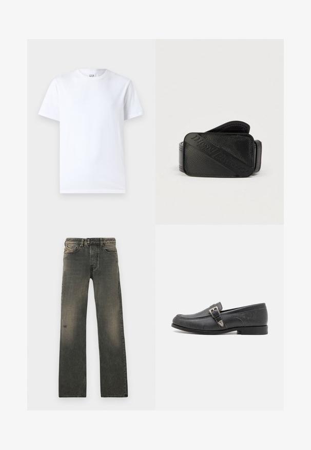 T-shirt en coton blanc avec un col rond et des manches courtes. Design simple sans motifs ni graphiques, avec le logo GAP sur le col.; Jean en denim gris avec une coupe décontractée, doté d'une fermeture à boutons, d'un léger effet délavé, et d'usures discrètes près du genou. Conception à cinq poches.; The Kooples CHAUSSURES - Chaussons - black; Ceinture noire présentant un design texturé avec un logo en relief bien visible. Le matériau semble lisse avec une finition en cuir.