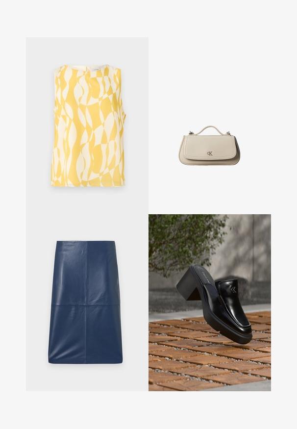 Blouse sans manches avec motif géométrique ondulé abstrait jaune et blanc, encolure ronde et fermeture par boutons dans le dos.; Jupe crayon en cuir bleu marine avec une texture lisse et brillante, présentant un design simple et épuré avec une coupe droite. Pas de quincaillerie visible.; Mule slip-on en cuir noir Calvin Klein avec talon bloc reposant sur des carreaux en bois à l'extérieur près d'une plante verte et d'un mur gris.; Petit sac à main en cuir beige avec poignée supérieure et logo CK argenté sur le rabat avant, présenté sur fond blanc.