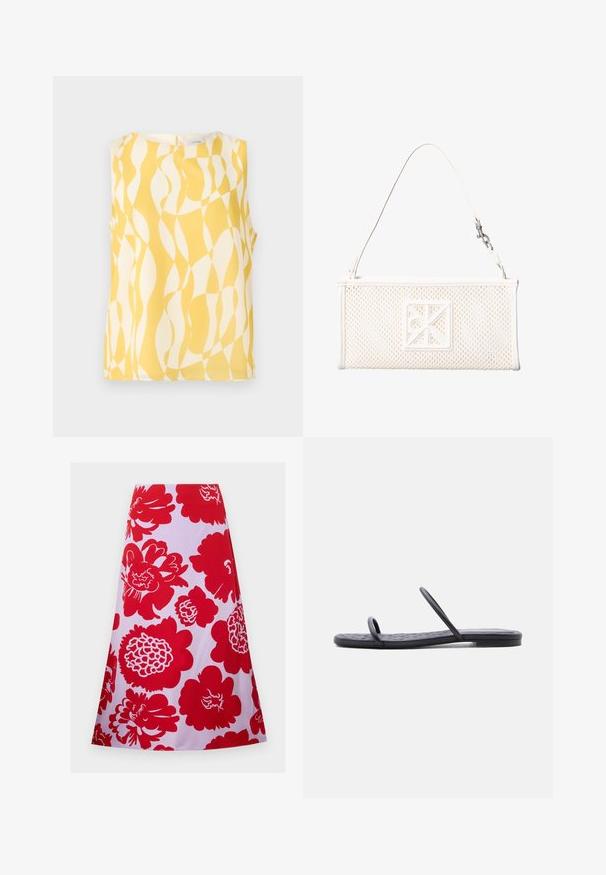 Ærmeløs bluse med abstrakt gult og hvidt bølget geometrisk mønster, rund halsudskæring og knaplukning bagpå.; Rød blomstret nederdel på hvid baggrund; knælang med en svungen design og glat tekstur. Ingen synlige lukninger eller accenter.; Sort flad sandal med tynd quiltet sål og to smalle stropper over tæerne og midtfoden, vist i sideprofil på hvid baggrund.; Hvid rektangulær mesh-håndtaske med en enkelt rem og et kvadratisk dekorativt emblem foran.