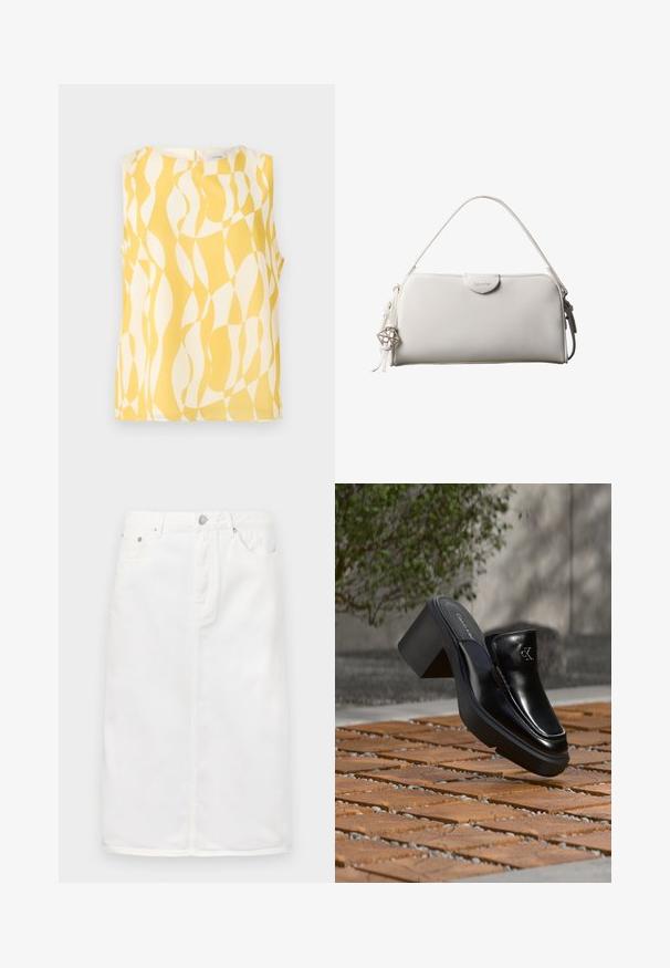 Ærmeløs bluse med abstrakt gult og hvidt bølget geometrisk mønster, rund halsudskæring og knaplukning bagpå.; Hvid denimnederdel med lynlås foran, fem lomme-design og lige silhuet med stikninger.; Sort læder Calvin Klein slip-on mule med blokhæl, der hviler på trætøj udendørs nær en grøn plante og en grå væg.; Hvid rektangulær Calvin Klein håndtaske med enkelt håndtag, minimalistisk design og dekorative kvaster med geometrisk metalvedhæng på siden.