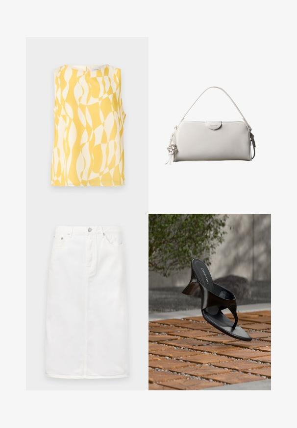Blouse sans manches avec motif géométrique ondulé abstrait jaune et blanc, encolure ronde et fermeture par boutons dans le dos.; Jupe en denim blanc avec fermeture éclair sur le devant, design à cinq poches et silhouette droite avec des accents de couture.; Sandale à talon noire Calvin Klein en forme de tongs flottant au-dessus d'une surface extérieure carrelée avec de la verdure et un mur en béton en arrière-plan.; Sac à main rectangulaire blanc Calvin Klein avec une seule poignée, design minimaliste et pampilles décoratives avec un charm métallique géométrique sur le côté.