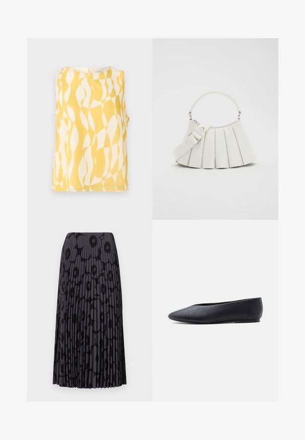 Blusa sin mangas con patrón geométrico ondulado abstracto en amarillo y blanco, escote redondo y cierre con botones en la espalda.; Falda negra plisada con un patrón floral, hecha de tela ligera; presenta rayas verticales y una cinturilla elástica.; Zapato plano de ballet negro con punta puntiaguda y patrón perforado sutil, mostrado de lado sobre un fondo blanco sencillo.; Lacoste LENGLEN BAG - Bolso de mano - cristalline