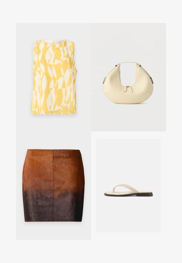 Blouse sans manches avec motif géométrique ondulé abstrait jaune et blanc, encolure ronde et fermeture par boutons dans le dos.; Jupe mini dégradé brun en matériau doux, présentant une texture lisse, une silhouette ajustée et des coutures précises le long des bords.; Sandale plate beige à bride en forme de tongs avec une semelle intérieure rembourrée et une semelle noire, vue de côté sur fond blanc.; Sac à main beige en forme de croissant avec fermeture à double fermeture éclair et poignée courte, avec des détails en métal argenté sur les côtés.