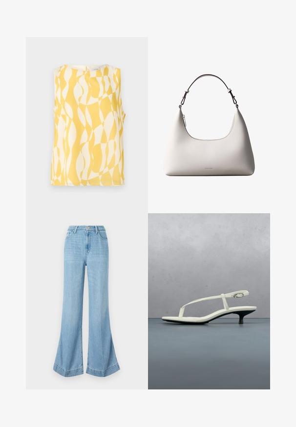Blouse sans manches avec motif géométrique ondulé abstrait jaune et blanc, encolure ronde et fermeture par boutons dans le dos.; Jeans en denim bleu clair à jambe large, taille haute avec une fermeture à boutons, présentant une finition soignée et un ourlet évasé avec des fentes sur les côtés.; Sandale blanche à talon kitten avec des lanières et un bout pointu, flottant au-dessus d'un sol en carrelage en bois en plein air avec un arrière-plan flou de plante et de mur.; Sac à bandoulière en cuir couleur crème de Calvin Klein avec bord supérieur incurvé, fermeture éclair argentée et sangle ajustable brun foncé.