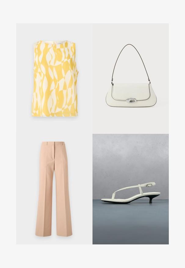 Blusa sin mangas con patrón geométrico ondulado abstracto en amarillo y blanco, escote redondo y cierre con botones en la espalda.; Pantalones de tiro alto color beige con un diseño de pierna ancha. Confeccionados en tejido suave, presentan pliegues frontales y una cinturilla limpia.; Sandalia blanca de tacón kitten con tiras y punta afilada, flotando sobre un suelo de baldosas de madera al aire libre, con un fondo desenfocado de plantas y pared.; Bolso de cuero blanco con un diseño curvado, costuras negras en contraste y un cierre de metal plateado que presenta el logo de Calvin Klein.