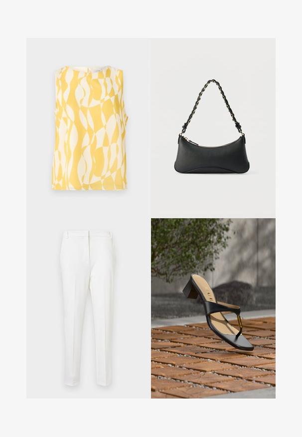 Blouse sans manches avec motif géométrique ondulé abstrait jaune et blanc, encolure ronde et fermeture par boutons dans le dos.; Pantalons blancs adaptés avec une coupe slim, présentant une texture lisse, un devant plat et des passants de ceinture. Pas de poches visibles ni de quincaillerie proéminente.; Sandale noire à talon avec boucle pour l'orteil et accent doré, placée sur une surface pavée en bois et pierre en extérieur près de la verdure.; Sac à bandoulière en cuir noir de forme rectangulaire incurvée, avec une chaîne dorée tissée dans la bandoulière noire tressée et une fermeture éclair sur le dessus.