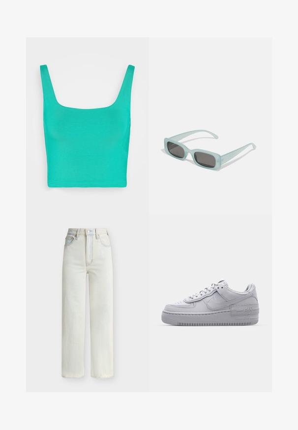 GAP CROP BRAMI - Μπλούζα - deluxe green; Τζιν με ψηλή μέση και ίσια γραμμή σε ανοιχτό μπλε χρώμα, με κουμπί μπροστά, φερμουάρ και πεντάτσεπη σχεδίαση.; Γκρι Nike Air Force 1 αθλητικό παπούτσι με πορώδη μύτη, λεία δερμάτινη επάνω επιφάνεια, χοντρή σόλα και ανάγλυφη λεπτομέρεια 'AIR' στην φτέρνα.; Ενα ζευγάρι ορθογώνια γυαλιά ηλίου με ανοιχτό μπλε ημιδιαφανείς σκελετούς και σκούρους γκρι φακούς, διαθέτοντας ίσιες βραχίονες και ελάχιστες λεπτομέρειες υλικών.