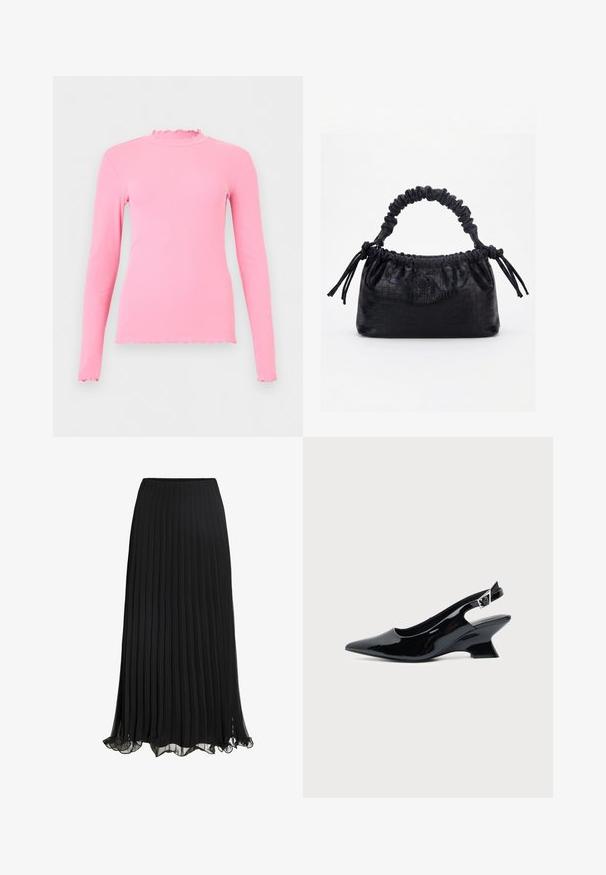 Pinker langärmliger, gerippter Top mit Rüschen an Kragen, Bündchen und Saum, vor einem schlichten hellen Hintergrund dargestellt.; Schwarze, plissierte Maxiröcke aus leichtem Stoff mit fließendem Design. Mit einem Rüschensaum und einem elastischen Taillenbund für mehr Komfort.; Schwarzer Slingback-Schuh aus Lackleder mit spitzer Spitze und niedrigem, schrägem Blockabsatz auf einfachem hellem Hintergrund.; Schwarze Handtasche mit Krokodilstruktur, gerafftem oberen Rand, zusammengezogenem Griff und Zugkordeln mit Quasten an jeder Seite vor weißem Hintergrund.