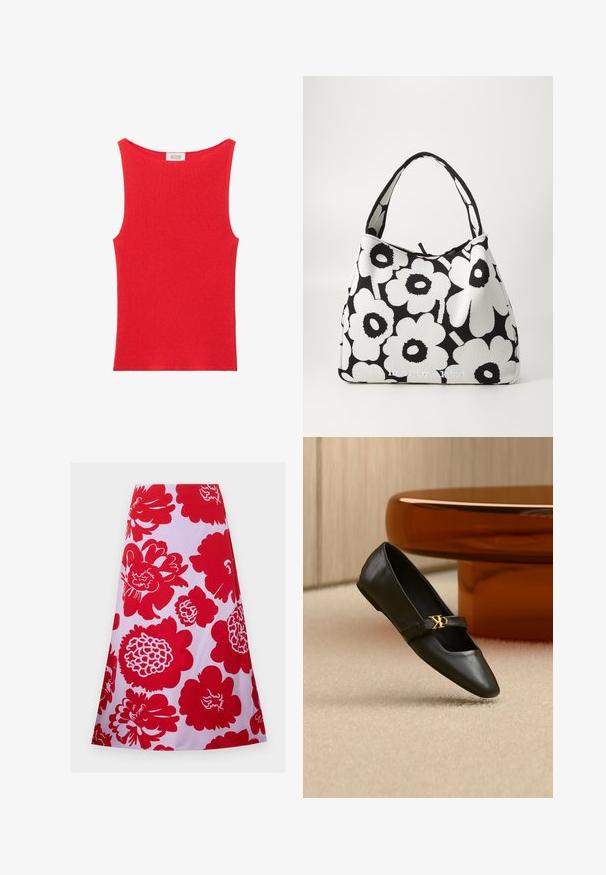 Rotes ärmelloses, geripptes Strick-Top mit rundem Ausschnitt von & Other Stories.; Roter Rock mit floralem Muster auf weißem Hintergrund; knielang mit einem ausgestellten Design und glatter Textur. Keine sichtbaren Verschlüsse oder Akzente.; Schwarzer flacher Lederschuh mit spitzer Kappe und goldenem CK-Logo auf dem Riemen, auf beigem Teppich neben einem runden bernsteinbraunen Tisch platziert.; Schwarz-weiße Blumendesign-Tasche mit gerippter Textur, runder Form und zwei stabilen Griffen. Minimalistisches Branding an der Unterseite.