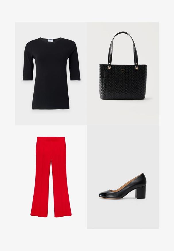 Black long-sleeve top made of soft, stretchable fabric. Features a round neckline and fitted silhouette with mid-length sleeves.; Red flared trousers made from a smooth fabric with a high waistband and two front pockets. The design features clean lines and a tailored fit.; Geox VIRNILISA - Classic heels - black; Black leather tote bag with quilted pattern and subtle logo design, featuring two long handles and gold-tone hardware accents.