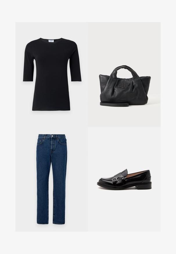 Schwarzes Langarmshirt aus weichem, dehnbarem Stoff. Hat einen runden Ausschnitt und eine taillierte Silhouette mit Ärmeln in mittlerer Länge.; Jeans aus Denim in Dunkelblau, mit einem klassischen geraden Schnitt, fünf Taschen und sichtbaren Nähten. Der Stoff hat eine leichte Struktur.; Schwarzer glänzender Lederloafer mit doppelten silbernen Schnallen und niedrigem Absatz, seitlich auf weißem Hintergrund gezeigt.; Schwarze weiche Lederhandtasche mit kurzen Griffen, einem abnehmbaren Riemen und einem aufgenähten Logo auf der Vorderseite, auf einem einfarbigen hellen Hintergrund.