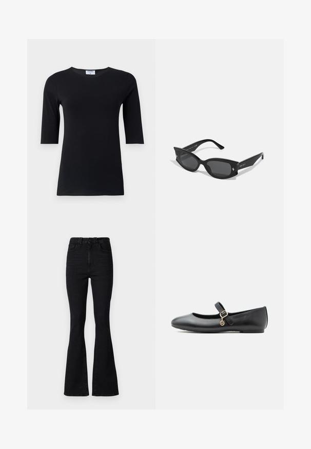 Schwarzes Langarmshirt aus weichem, dehnbarem Stoff. Hat einen runden Ausschnitt und eine taillierte Silhouette mit Ärmeln in mittlerer Länge.; Schwarze Schlagjeans mit hoher Taille, aus Denim. Merkmale sind ein Knopfverschluss, ein Fünf-Taschen-Design und eine glatte Textur.; Schwarzer Mary Jane Ballerina aus Leder mit einer kleinen goldenen Schnalle und einem runden Anhänger vor weißem Hintergrund.; Schwarze Katzenaugen-Sonnenbrillen mit dicken Rahmen, grauen Gläsern und kleinen dekorativen Metallakzenten. Glattes Plastikmaterial, kantiges Design.