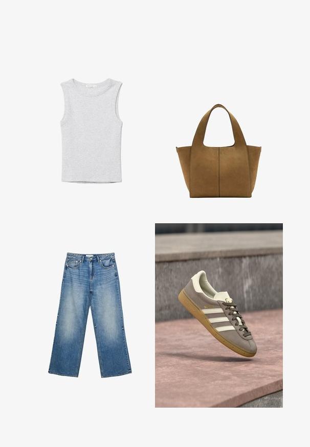Ärmelloses, hellgraues, kurzes Tanktop mit rundem Ausschnitt, aus weichem Strickstoff gefertigt.; Hellblaue, weit geschnittene Jeans aus Denim mit einem hellen Waschung, fünf Taschen, einem Knopfverschluss und sichtbaren Nähten entlang der Nähte.; Hellbrauner Adidas-Sneaker aus Wildleder mit weißen Streifen und einer braunen Gummisohle, schwebt über rosa Steinstufen im Freien.; Braune Wildleder-Shopper-Tasche mit breiten Griffen und einfachem vertikalem Steppdetail auf der Vorderseite, dargestellt vor weißem Hintergrund.