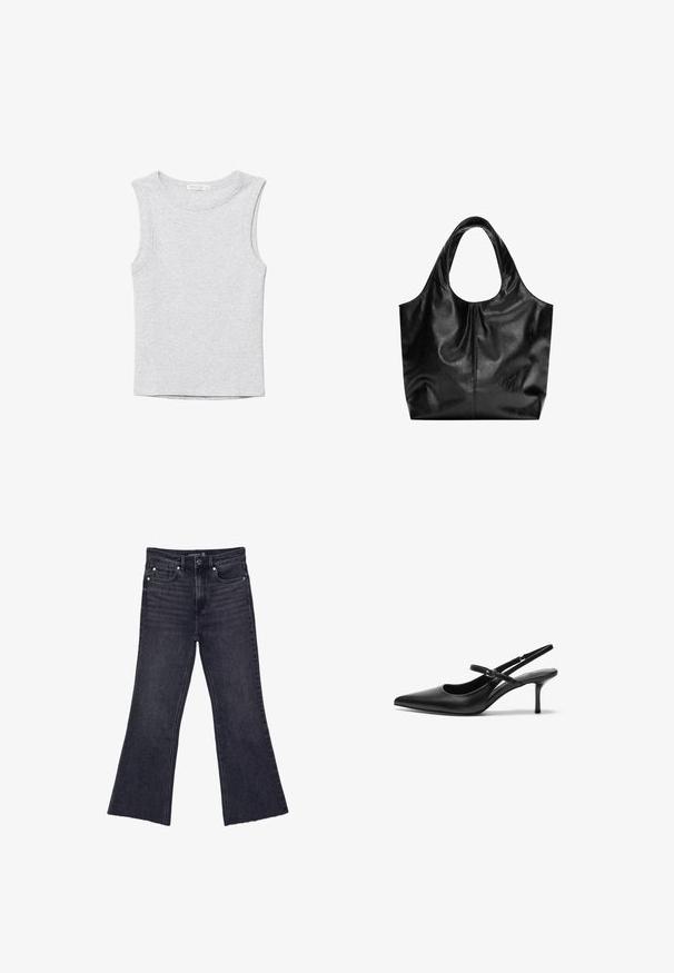 Ærmeløs lysegrå cropped tanktop med rund halsudskæring, lavet af blødt strikstof.; Sorte højtaljede jeans med flagrende ben, fem-lomme design og knaplukning, størrelse 38, lagt fladt på en hvid baggrund.; Sorte læder slingback hæle med spids tå, slank justerbar rem og en stiletto hæl på cirka 5 cm, glat tekstur.; Sort læder tote taske med en glat overflade, en blød, afrundet top og brede håndtag. Har minimal syning og en afslappet silhuet.
