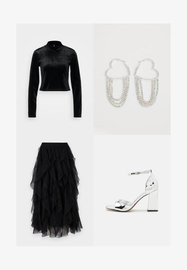 Pieces PCSACHA HIGH NECK CROP - Top s dlhým rukávom - black; Čierna tylová sukňa s vrstvenými volánmi, jemnou textúrou a decentnými trblietkami. Elastický pás pre pohodlné nosenie.; Strieborná sandála na vysokom podpätku s blokovým podpätkom, otvorenou špičkou a remienkom okolo členku. Má lesklý patentovaný povrch a pohodlnú podrážku.; Strieborné kruhové náušnice v tvare srdca, so kaskádovými prameňmi čírych kryštálov, ktoré dodávajú lesk a textúru.