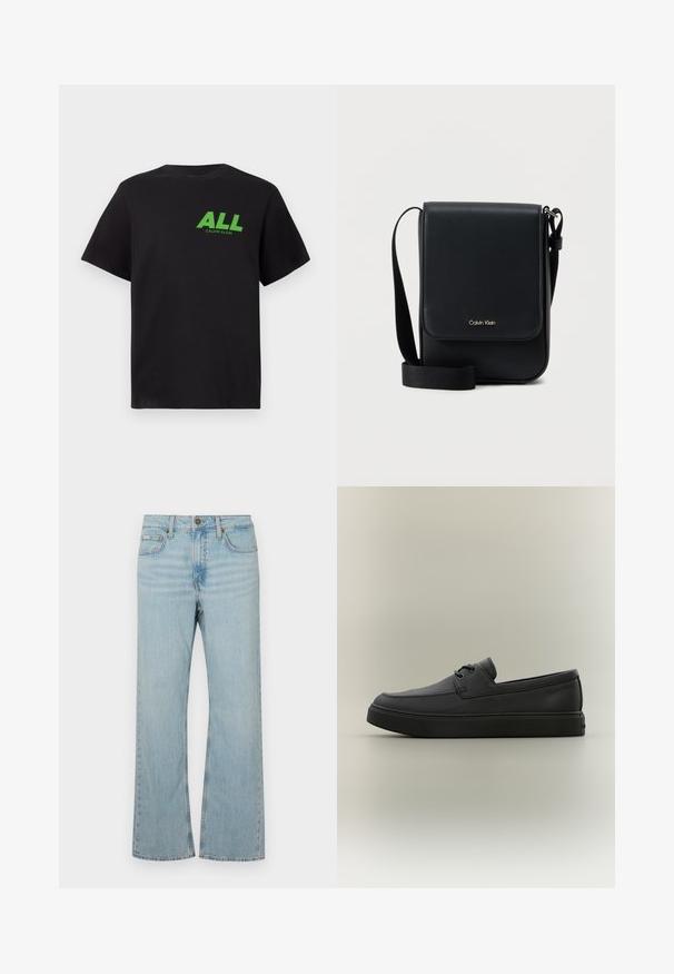 Μαύρο κοντομάνικο T-shirt με πράσινο κείμενο "ALL" και μικρότερο λογότυπο "Calvin Klein" εκ printed στο πάνω αριστερό στήθος.; Ανοιχτό μπλε τζιν παντελόνι με φαρδιά γραμμή, μέτρια ψηλή μέση, πέντε τσέπες και αντίθεση ραφών. Περιλαμβάνει φερμουάρ και κλείσιμο με μεταλλικό κουμπί.; Μαύρο casual loafer δερμάτινο με κορδόνια και χοντρή λαστιχένια σόλα, εμφανίζεται από το πλάι σε ουδέτερο φόντο.; Μαύρη τσάντα Calvin Klein χιαστί με καπάκι, ρυθμιζόμενο ιμάντα και μικρό χρυσό λογότυπο μπροστά, σε απλό λευκό φόντο.