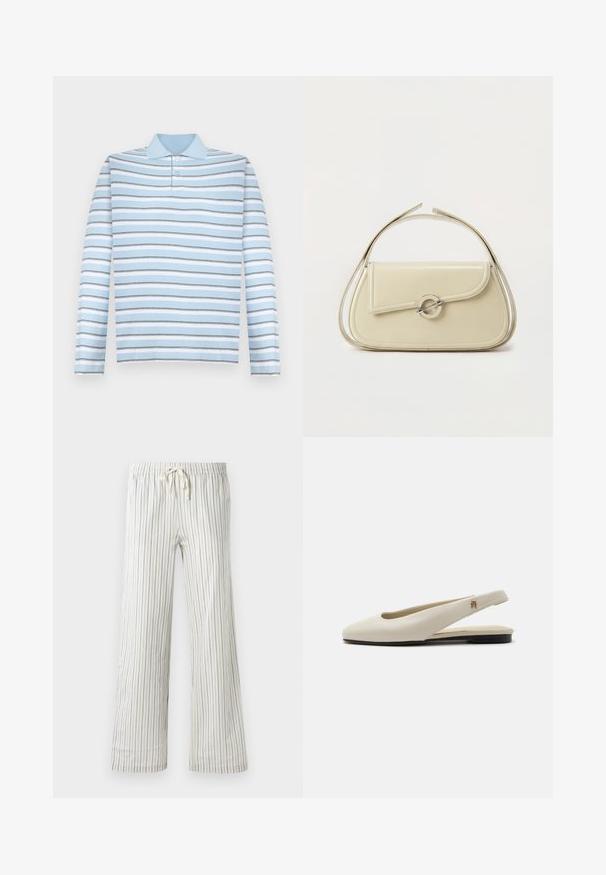 Lichtblauwe polo met lange mouwen, voorzien van horizontale grijze en witte strepen en een kraag.; Witte joggingsbroek met dunne verticale blauwe strepen en een elastische tailleband, van voren getoond op een effen achtergrond.; Crèmekleurige leren slingback platte schoen met ronde neus en klein gouden embleem op het bandje.; Crème leren handtas met gebogen klep, ronde zilveren sluiting en korte bovenste handgreep op een effen witte achtergrond.