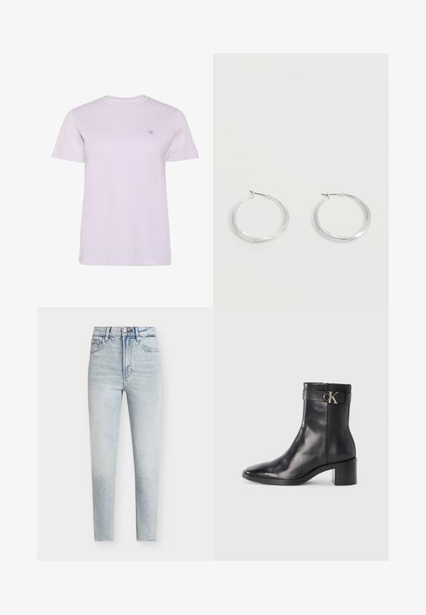 T-shirt violet clair à manches courtes et col rond avec un petit logo "cK" brodé sur la poitrine gauche, présenté sur un fond blanc.; Jean skinny taille haute bleu clair avec poches devant et derrière, fermeture par boutons et détail subtil délavé.; Botte de cheville en cuir noir avec un bout pointu, un talon carré et une sangle avec un détail de logo métallique. Texture lisse et design minimaliste.; Boucles d’oreilles créoles en métal argenté avec une surface lisse légèrement incurvée et des fermoirs à clapet sur un fond blanc uni.